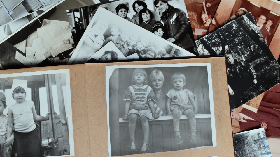 Many overlapping photographs showing family members throughtout the decades