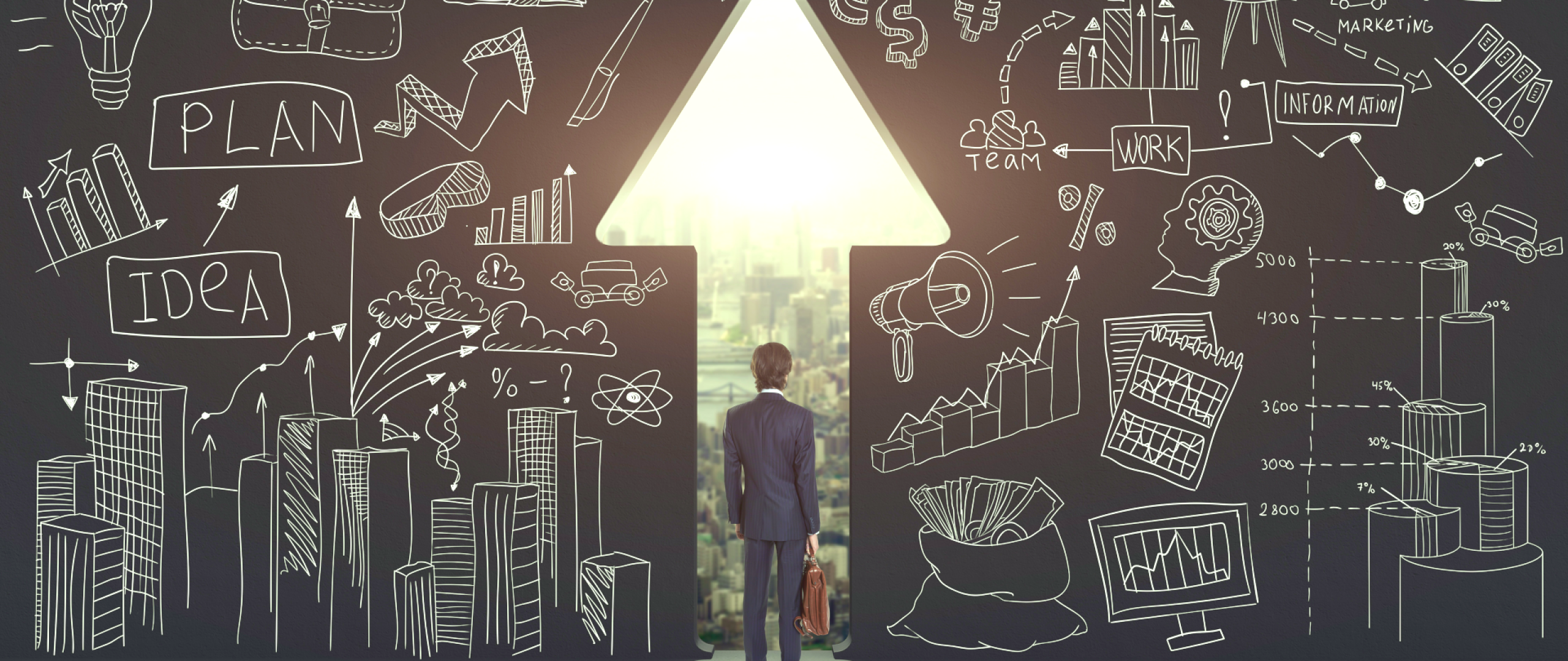 Man standing infront of upward arrow shaped opening revealing a skyline