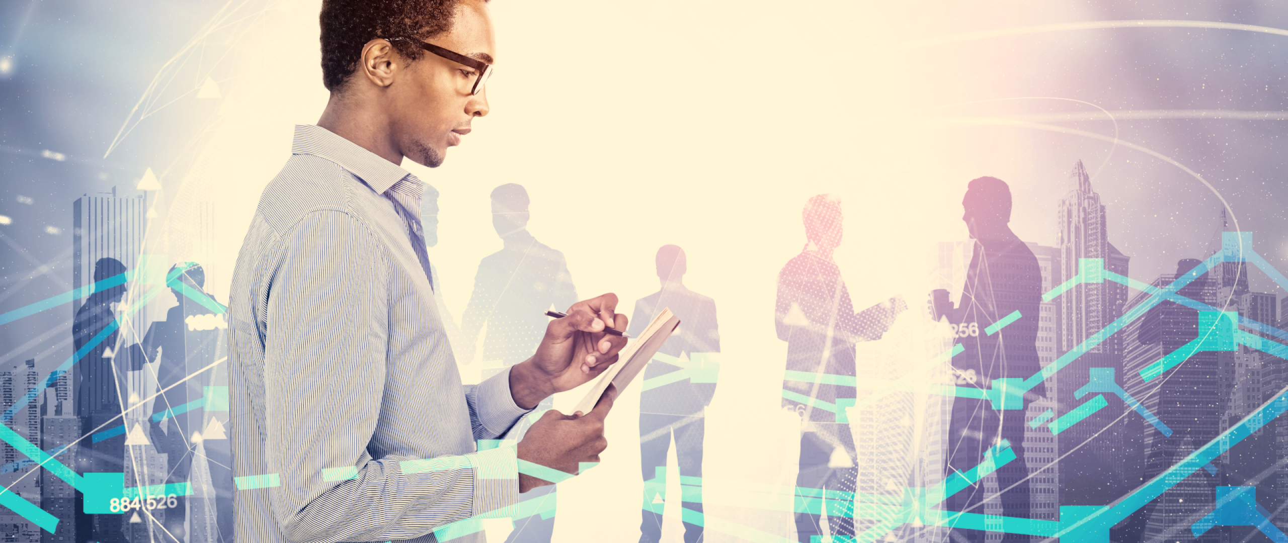 Man standing and writting on pad with other people behind him and graph chart lines overlayed ontop