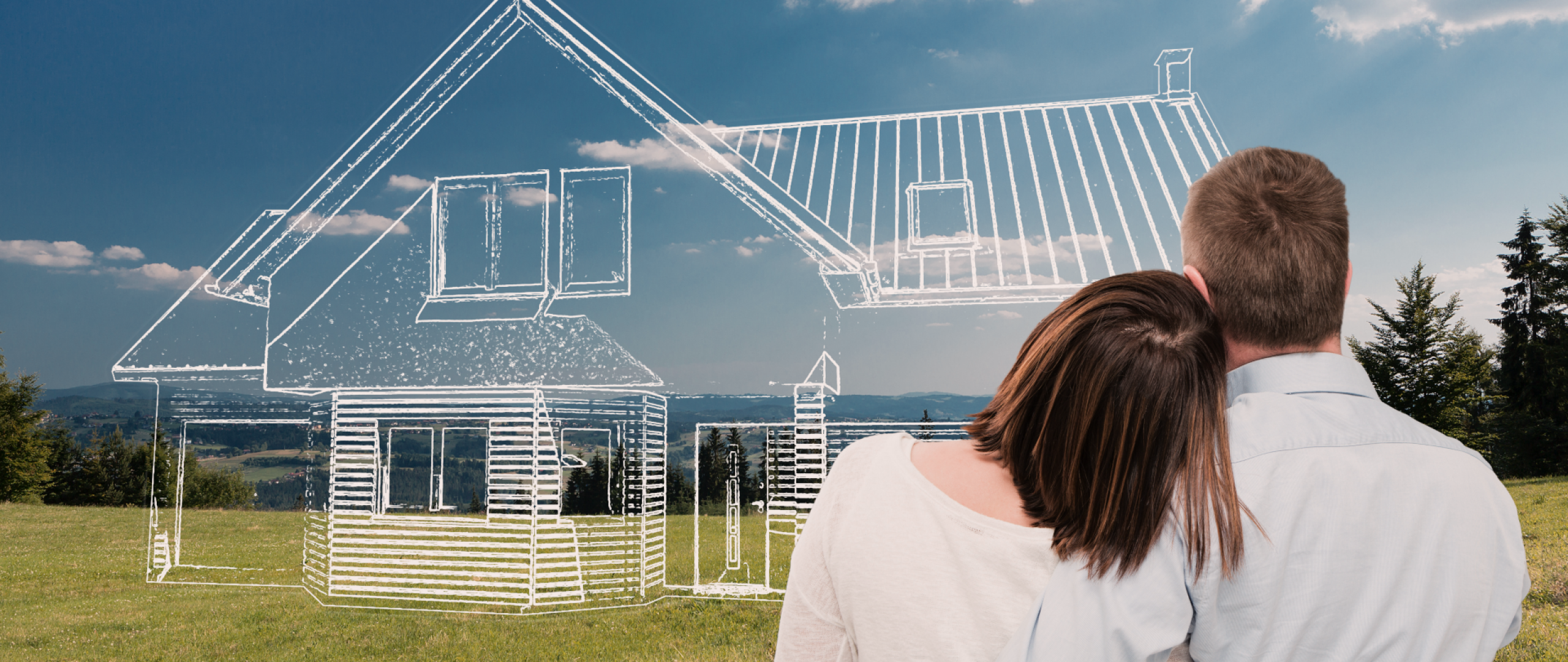 Couple hugging each other infront of a hilltop vista with a hand drawn house sketch where a house could be built